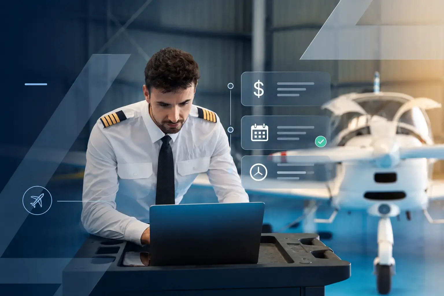 Pilot reviewing private aviation pricing, estimates and aircraft availability
